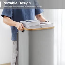 Wasmand met Deksel, 85 Liter, Smalle Vouwbare Wasmand van Hout en Bamboe, Ideaal voor Wassen en Organiseren, Grijs — thumbnail 3