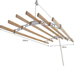 Droogrek plafond ophangbaar - Wit - 200cm (L) x 56cm (W) x 14cm (H) - katrol - ruimtebesparend - eenvoudig te bevestigen - 6 duurzame houten latten — thumbnail 1