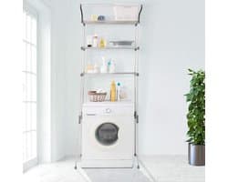 Wasruimte plank boven het toilet/wasmachine - opbergrek badkamer organizer met kleding hangende staaf - grijs Wasmachine rek