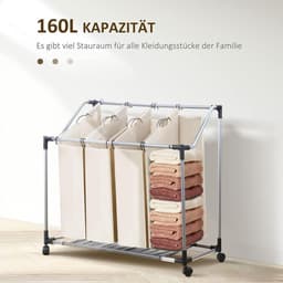 Opvouwbare wasmand met 4 vakken - handgrepen en wielen - wassorteerder met afneembare zakken - 96 x 39 x 82 cm — thumbnail 3