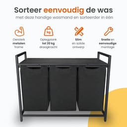 Goliving Wassorteerder – Wasmand met 3 vakken – Wasbox – Oxfort textiel/Metaal/Hout – 3 x 38 Liter – 33 x 92.5 x 71 cm – Zwart — thumbnail 4