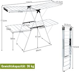 COSTWAY Opvouwbaar wasrek 2-traps, wasdroger met in hoogte verstelbare vleugels en antislip voeten, vleugeldroogrek, stalen frame, vleugelwasrek, staand droogrek, wit — thumbnail 2
