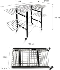 Inklapbaar kledingrek, inklapbaar wasrek - Materiaal: roestvrij staal - Afmetingen van de grote inklapbare zijroosters: 49,0 x 43,2 cm (x 4 delen) - 174 x 105 x 84 cm, zwart/wit — thumbnail 3