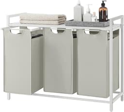 Hoppa! - Wasmand 3 vakken - Met plank & uitschuifbare waszakken - 3x38 liter - 92x33x72 cm - wit — thumbnail 5