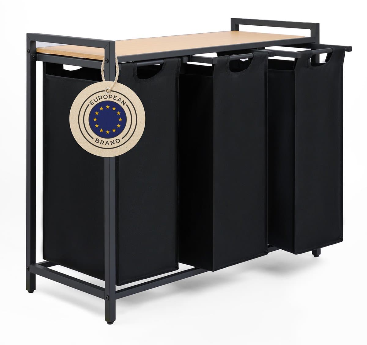 Blumtal Wasmand met 3 vakken - Wasmand met bamboe plank - Metalen frame - Wasmand met poten - Zwart — afbeelding 1