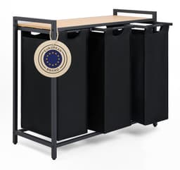 Blumtal Wasmand met 3 vakken - Wasmand met bamboe plank - Metalen frame - Wasmand met poten - Zwart — thumbnail 1