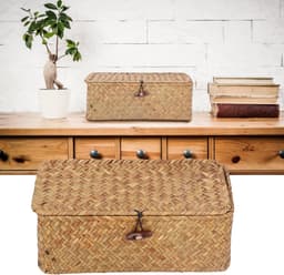 Handgeweven opbergmand van zeegras met deksel, rechthoekig, rieten mand voor organisatie in slaapkamer en woonkamer, ruime capaciteit, multifunctioneel en decoratief — thumbnail 2