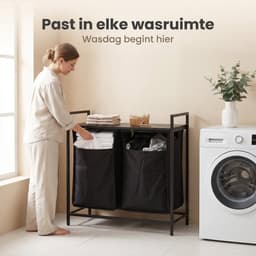 Cheqo® Dubbele Wasmand - Wassorteerder - Wasmand met 2 Vakken - Uitschuifbaar - Wasverzamelaar - met Uitneembare Waszakken - Wasgoedmand - Wasbox - Wasophaler - Zwart - voor Badkamer en Wasruimte — thumbnail 2