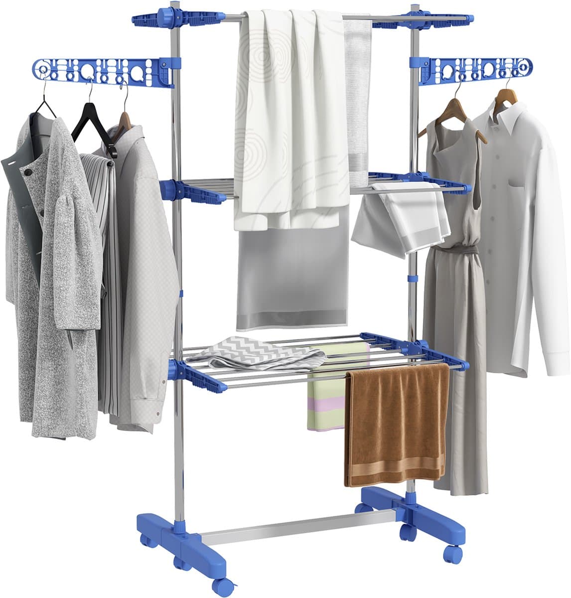 Droogrek opvouwbaar met zijvleugels binnen en buiten gebruik 3 niveaus 142 x 55 x 152 cm blauw — afbeelding 1