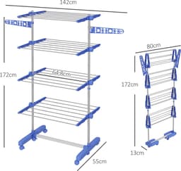 Droogrek opvouwbaar met zijvleugels binnen en buiten gebruik 142 x 55 x 172 cm 4 niveaus blauw — thumbnail 4