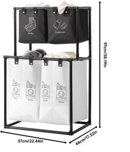 Dubbellaagse opvouwbare wasmand met 4 vakken wassorteerder met wielen zwart organizer — thumbnail 4
