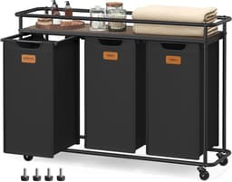 Wasmand op wielen - Wassorteerder met plank - Wasgoed sorteren - Drie ruime compartimenten - 150 liter capaciteit - Inktzwart-kastanjebruin — thumbnail 1
