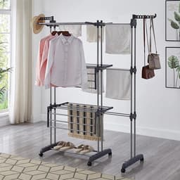 Dailygoods Wasdroger met 6 opvouwbare vleugels op 3 niveaus, uittrekbaar wasrek lengte 75-142 cm, opvouwbare wastafel — thumbnail 1