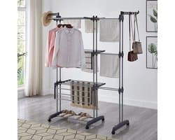 Dailygoods Wasdroger met 6 opvouwbare vleugels op 3 niveaus, uittrekbaar wasrek lengte 75-142 cm, opvouwbare wastafel