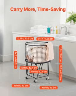 VEVOR Wasmand, Ronde Wasmand met 360° Zwenkwielen, 40 Liter Inhoud, 27 Kg Draagvermogen, Koolstofstalen Boodschappenmand voor Wasgoed, Boodschappen, Kamperen, Bagage, Wassorteerder, Wasmand — thumbnail 5