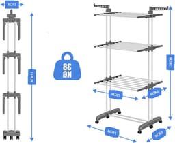 Vouwbare droogtoren met wielen, ruimtebesparende staande droogrek met 6 vleugels en 2 zijvleugels voor binnen en buiten gebruik, grijs en multifunctioneel — thumbnail 3