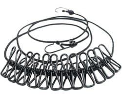 Waslijn Met Clips - Reis Waslijn - Drogen Kleding - Elastisch En Draagbaar - 190 cm - Zwart