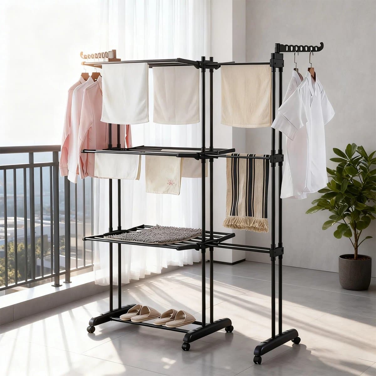 ELYSIVM Wasrek - Droogrek - Droogrek Uitschuifbaar - Wasrek op Wielen - Droogrek Groot - 3 niveaus - Uitschuifbaar 75–142,5 cm - 6 Wielen en 4 Remmen - 170 cm hoog - Staal / Kunststof - Zwart — afbeelding 1