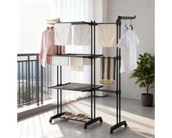 ELYSIVM Wasrek - Droogrek - Droogrek Uitschuifbaar - Wasrek op Wielen - Droogrek Groot - 3 niveaus - Uitschuifbaar 75–142,5 cm - 6 Wielen en 4 Remmen - 170 cm hoog - Staal / Kunststof - Zwart