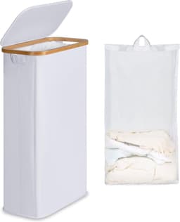 Wasmand 63 liter - Opvouwbare wasmand met deksel - Wit met bamboe handgrepen — thumbnail 1