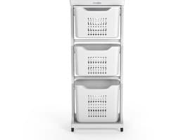 Wasophoogte Wasmand 3 vakken - Wit - Wassorteerder 3 vakken - Laundry basket met wieltjes - wasbox