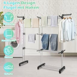 Droogrek toren met 4 etages en inklapbare vleugels - Uitschuifbaar van 75-150 cm, ruimtebesparend wasdroger met 360° draaibare wielen — thumbnail 5