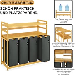 Premium wasmand 200 liter met 4 vakken en bamboe design - Stijlvolle wassorteerder voor elke ruimte — thumbnail 2