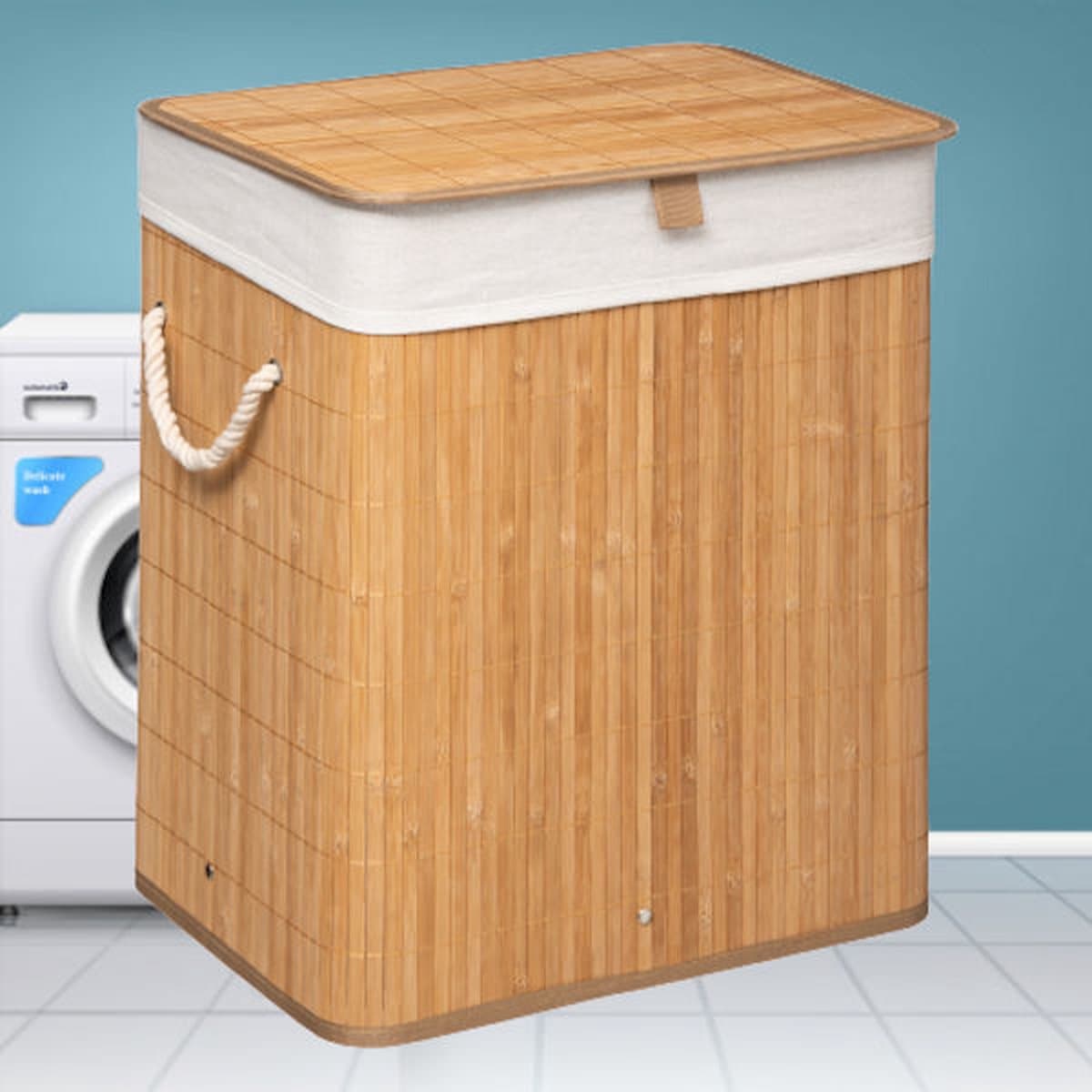 Grote Bamboe Wasmand met deksel - 60 L - Wasmand 1 Vak met stoffen waszak - Opvouwbaar - Wassorteerder - Naturel — afbeelding 1