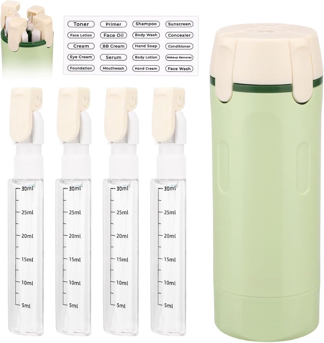 4-in-1 Reisflessen voor Toiletartikelen, Lekvrije 4-in-1 Reisdispenserfles met 4 Navulbare Knijpflesjes met Pompje Erin voor Shampoo Lotion Conditioner Crème — afbeelding 1