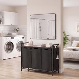 Wasmand Kledingverdeler 87,7 x 33 x 72 cm Zwart 3 vakken van 40 L Met uittrekbare en afneembare voeringzak, zijvak en roosterplank Stevig metalen frame Geschikt voor wasruimte, badkamer en slaapkamer — thumbnail 5