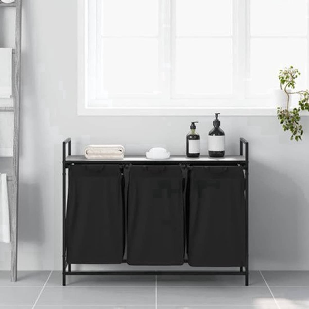 Wasmand – Wasbasket – Laundry Basket – Waston – Wasbak – Met 3 Vakjes – Bovenplank – Staal & Hout – Uitneembare Waszakken — afbeelding 1