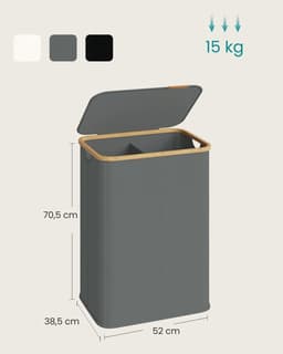 Klarven® Wasmand Bamboe Leigrijs - Wasmand met Deksel - Wasmand 2 Vakken - Wasmand Opvouwbaar - Laundry Basket - Waterafstotende Stof, 140 Liter Inhoud — thumbnail 2