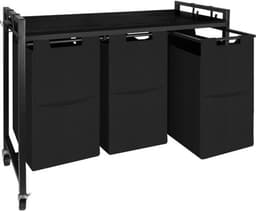 Norwich Wasmand op Wieltjes - Grote wassorteerder - 3 vakken en 4 haken - Uittrekbaar en verwijderbaar - 3 x 38 L - Zwart — thumbnail 3