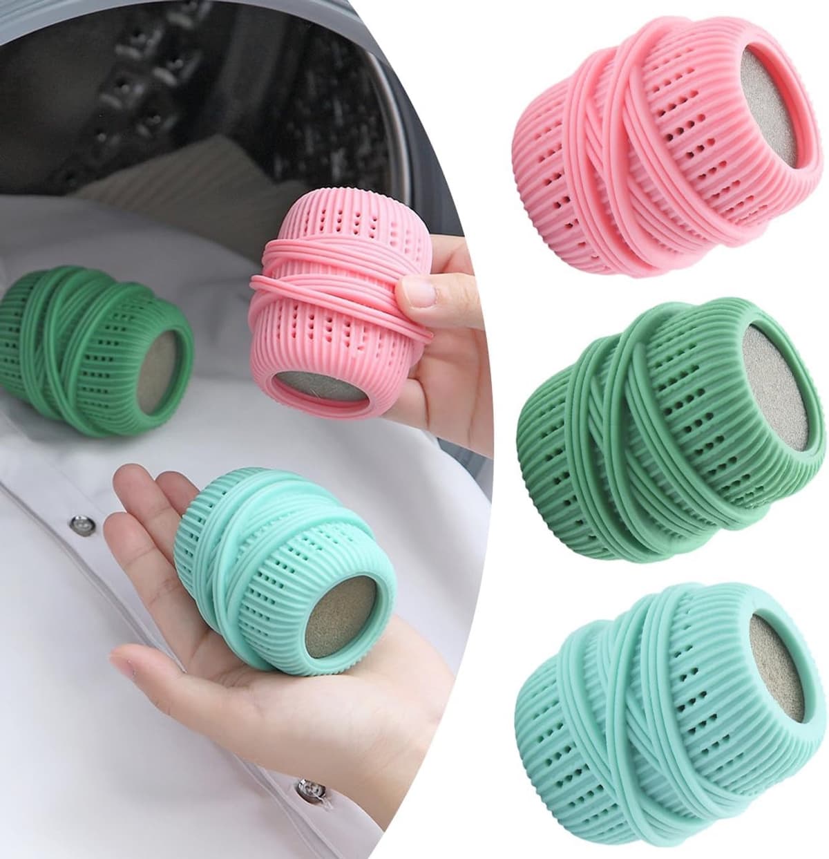 Wasmachine wasballen -wasverzachtersponzen - 3-pack - 4,5*7 cm - Wasverzachtersponzen - Droogsponzen - Siliconen wassponzen - Navulbare wassponzen - Voor het verzachten van kleding en het verwijderen van statische elektriciteit - Roze/Blauw/Groen — afbeelding 1