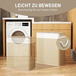 MIVRAY Wasmand Met Deksel – 100 Liter En Twee Vakken – 52 x 32 x 63 cm – Bamboe – Wit – Was Sorteren En Opbergen — thumbnail 2
