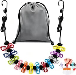 12 kleurrijke antislip haringen elastische reiswaslijn, intrekbare waslijn zonder boor voor camping, caravan, balkon, binnen, buiten, drogen, wasreizen, studentenslaapzaal — thumbnail 1