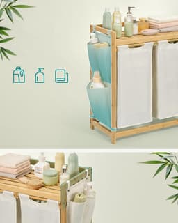 SONGMICS - wasmand 2 compartimenten - totaal 100 liter - wassorteerder - wasmand meubel - bamboe - met plank - 63 x 33 x 78 cm - crèmewit / houtkleurig — thumbnail 5