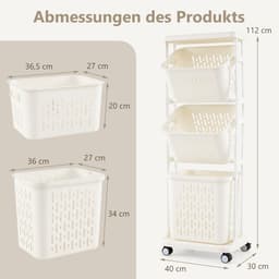 COSTWAY Wasmand met 3 verdiepingen op wieltjes, wasmand met 3 manden en handvat, wasverzamelaar met metalen frame, wassorteerder voor badkamer, waskeuken, wit — thumbnail 2