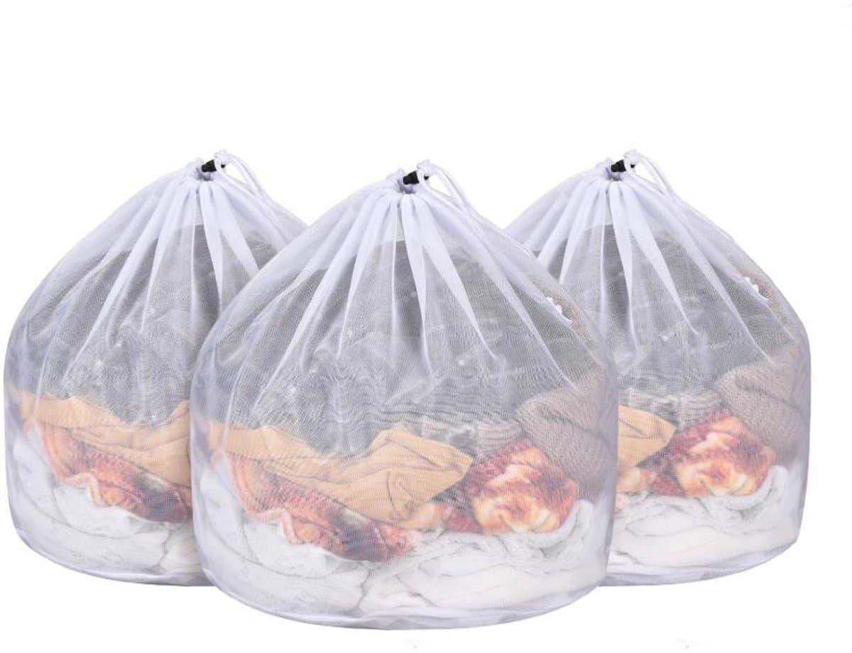Waszak - 3 Stuks - Grote waszak - Waszakken groot - Polyester - Met trekkoord - Express cleaning - Duurzame wasmandvoering - Voor studentenhuizen, wasserettes en appartementen - 40x50cm - Wit — afbeelding 1