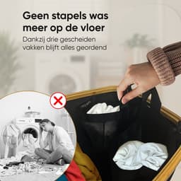 Rivoya Wasmand 3 Vakken - Wassorteerder - XXL 200L - Met 3 Uitneembare Zakken - Wasmand met deksel - Laundry basket - Extra grote capaciteit - Waszak - Wasbox - Zwart - incl Drogerballen — thumbnail 4
