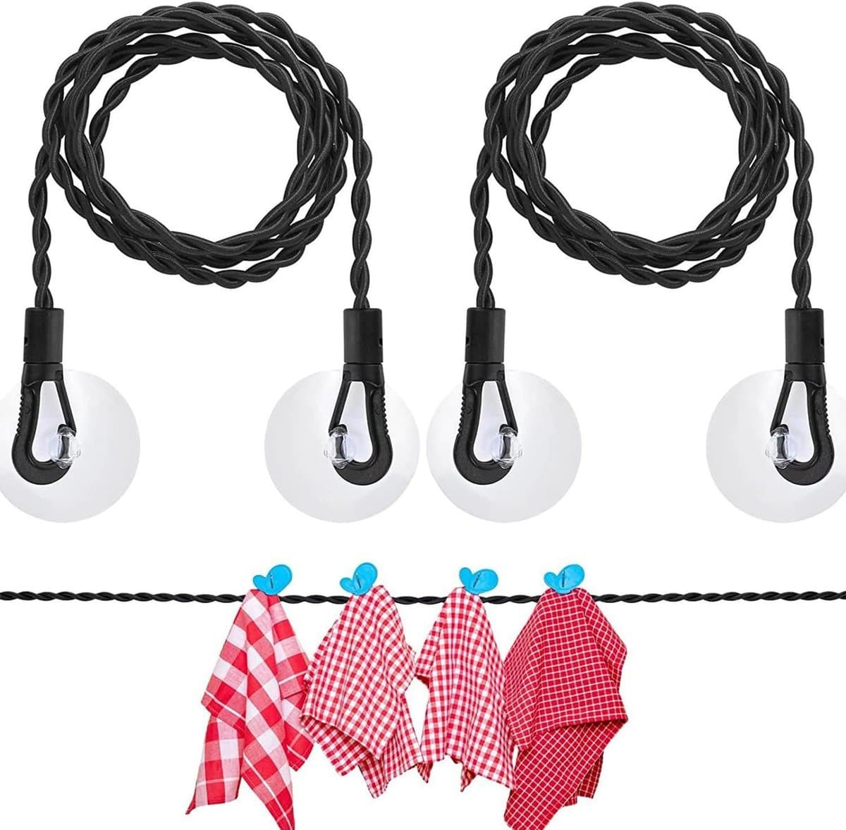 2x Uitschuifbare waslijn - Met haken en zuignap - Waslijn - Rooglijn - Drooglijnen - Drooglijn - Wasdraad - Elastische waslijn - Reis waslijn - Onzichtbare waslijn - Droogrek - 1.5 m - Uitrekbaar tot 2,5 m - Voor buiten kamperen, wasdrogen - Zwart — afbeelding 1