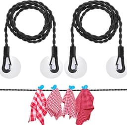 2x Uitschuifbare waslijn - Met haken en zuignap - Waslijn - Rooglijn - Drooglijnen - Drooglijn - Wasdraad - Elastische waslijn - Reis waslijn - Onzichtbare waslijn - Droogrek - 1.5 m - Uitrekbaar tot 2,5 m - Voor buiten kamperen, wasdrogen - Zwart — thumbnail 1