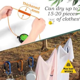 Verstelbare waslijn 10 meter - Antislip campingwaslijn met 10 haken en 20 wasknijpers voor utility room, balkon, tuin en kamperen — thumbnail 3