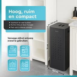 Rilenta Wasmand RVS - 2 Vakken 70L - Uitneembare Waszakken - Met Deksel - Wassorteerder - 2x 35L Compartimenten - Smalle Dubbele Wasmand - Zwart — thumbnail 2