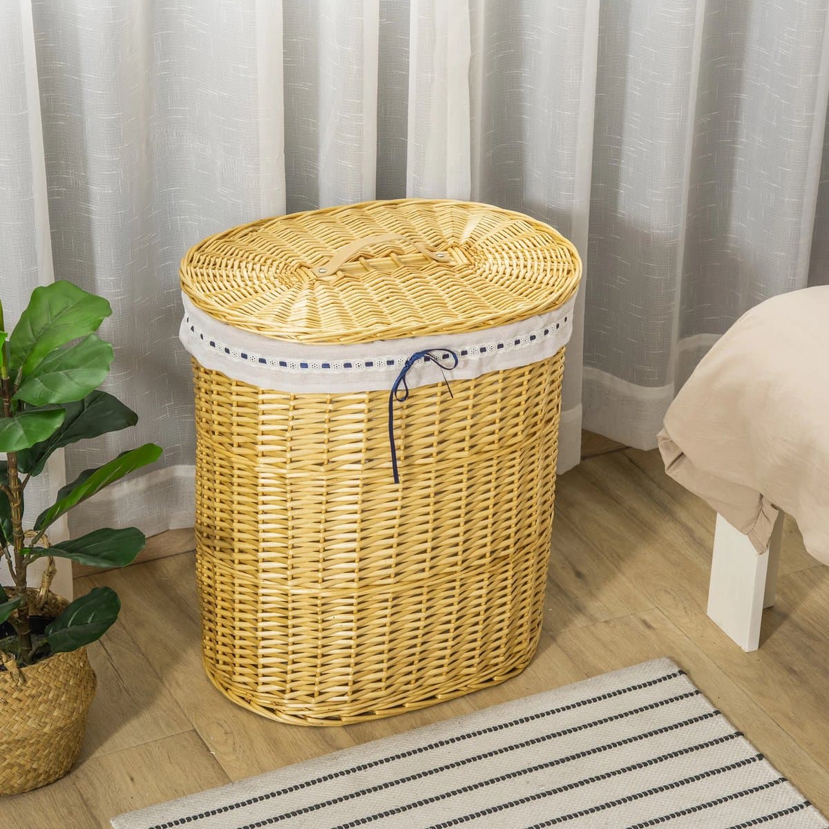 Pugsdrly Wassenmand van riet met deksel Wassenmand met handvat, uitneembare waszak, wasmanden Wassenbox voor badkamer, wasruimte, slaapkamer, naturel — afbeelding 1