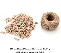250Pcs Natural Wooden Clothespins Clip Peg with Roll 50 Meters Jute Twine Mini Clothespins Rope Photo Hanger Miniature Clothesline Clips Fil Pince and Bois for Instax Small Clothes — thumbnail 5