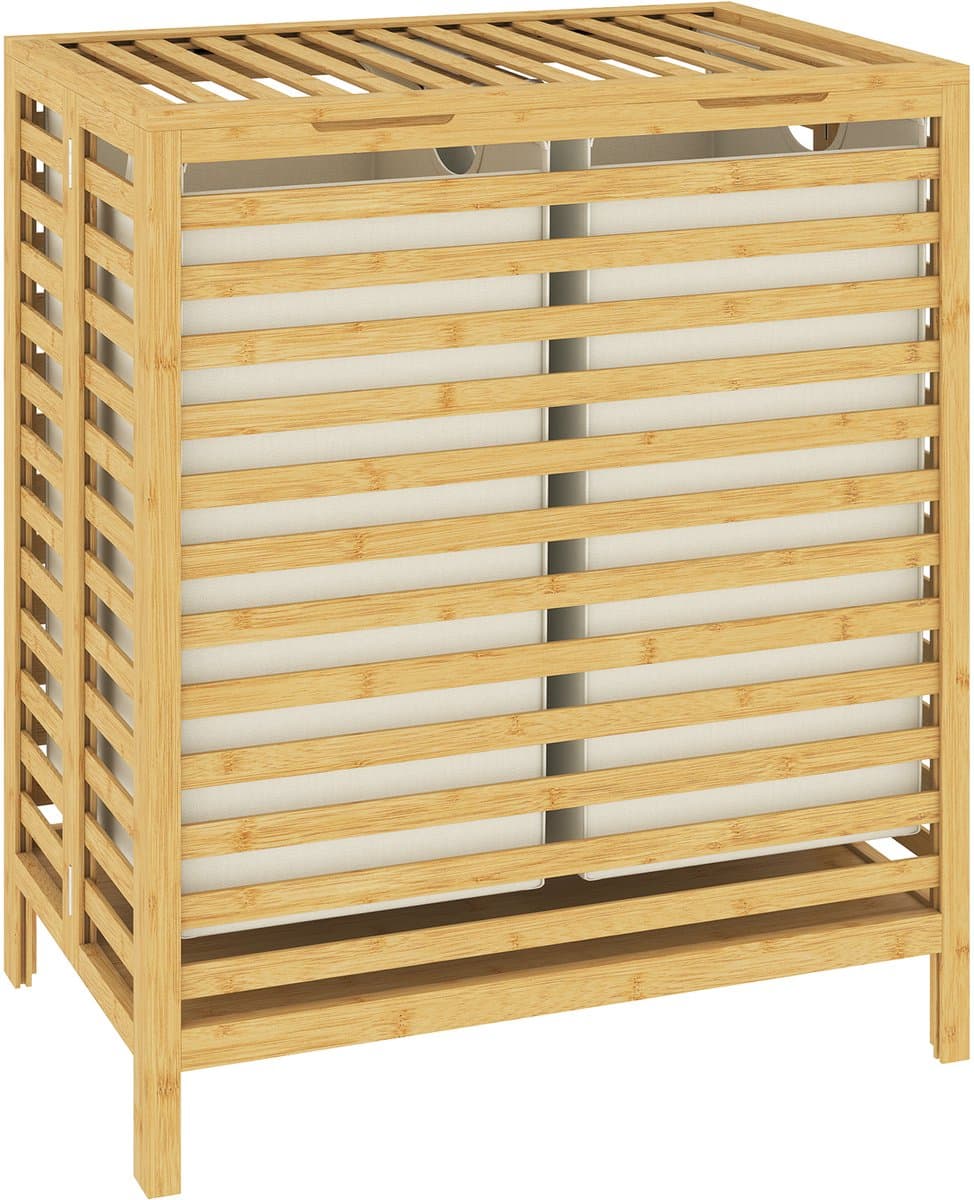 HOMCOM Wasmand-Bamboe, Polyester-55L x 36B x 64,2H cm-Natuurlijk hout + Crèmewit — afbeelding 1