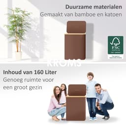 KROMS Wasmand 3 vakken - Bruin - 160L - Extra groot model - Inclusief NL & ENG Labels – Wassorteerder bamboe - Laundry basket - Wasmand met deksel - Opvouwbaar — thumbnail 2