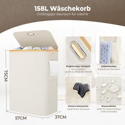 Wasmand met deksel - Wasbox sorter - Kleding opbergen - Drie uitneembare vakken - 158 liter - Beige — thumbnail 5