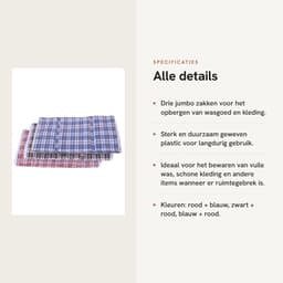 Dailygoods- Waszakken Jumbo - 3 Stuks - Sterk en Duurzaam - Opbergtas voor Kleding - Met Rits - Ideaal voor Verhuizen - Afmetingen 79x20x58,5 cm - Opbergzakken — thumbnail 5
